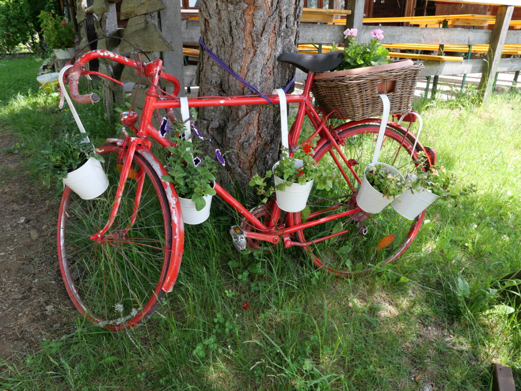 Altes Rad mit Blumen dekoriert